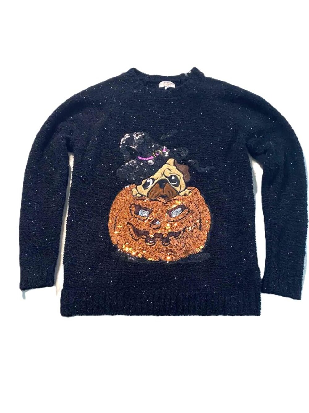 POOF Halloween Sweater Women's M Pug Pumpkin Sequin Black Knit
